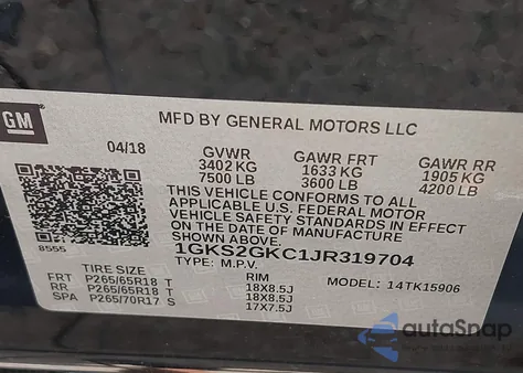 2018 GMC Yukon Xl Slt from USA, damaged, VIN 1GKS2GKC1JR319704